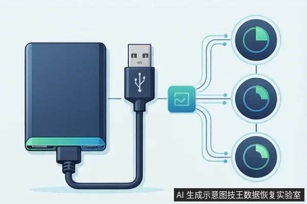 插画显示深蓝色外置移动硬盘底部插入USB-C线,线另一端为带USB标志的A型插头,右侧以线条连接三个饼图状态图标。