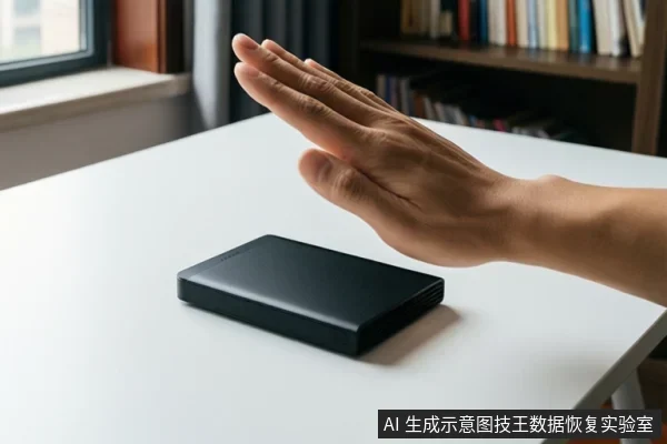 白色桌面上放着一块黑色移动硬盘,一只成年人的手掌悬停在硬盘上方,背景为书架和窗户。