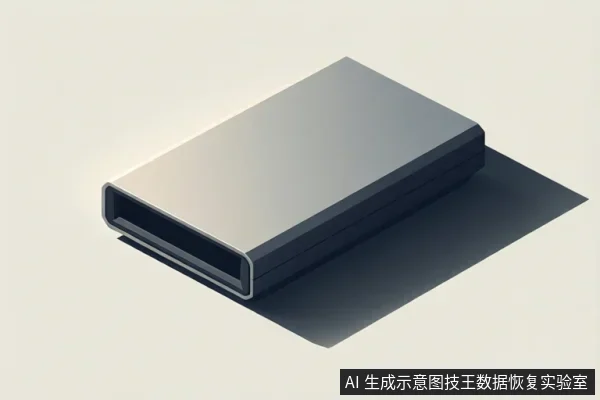 一个银灰色长方体移动硬盘或外置存储设备,放置在浅色背景上,前端可见一个深色接口,设备投下阴影。