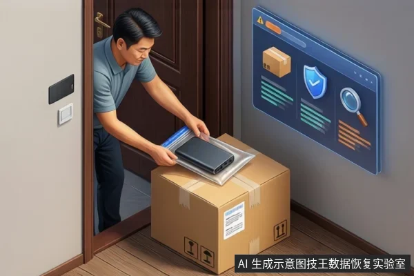 一名男子在门口将装有移动硬盘的防静电袋放入贴有向上和易碎标志的快递纸箱,右侧悬浮显示包裹、盾牌与放大镜的物流保障面板。