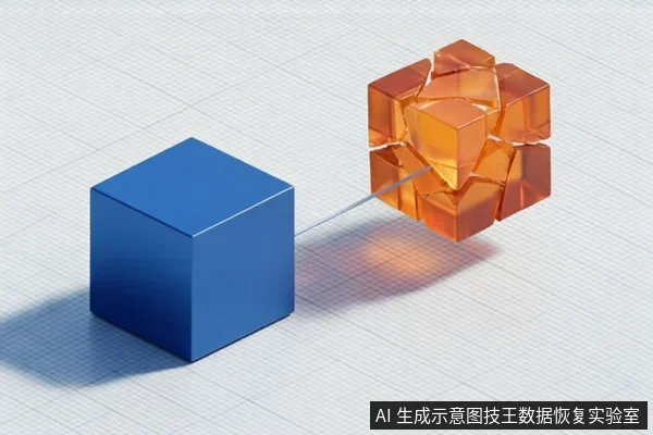 画面左侧为一个蓝色实心立方体，右侧为一个由多个半透明橙色小立方体堆叠成的复杂结构，两者之间由一根细线连接，背景为浅色网格平面。