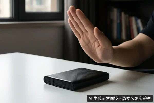白色桌面上放置一个黑色移动硬盘,右侧一只手掌张开悬停在硬盘上方,背景为室内窗边与书架。
