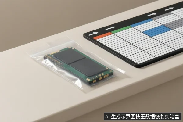 白色桌面上,一块M.2固态硬盘装在透明防静电袋内,右侧放着带彩色条块与白色箭头的网格状态图表板。