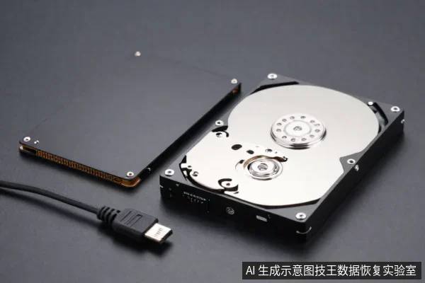 一块拆开外壳的机械硬盘露出内部盘片与磁头组件，旁边是拆下的金属盖板和一根黑色USB数据线。