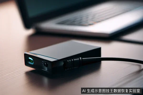 黑色移动硬盘通过线缆连接,前端指示灯亮起,背景为虚化的笔记本电脑桌面。