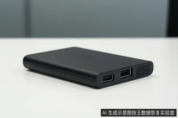 白色桌面上放置一个黑色移动硬盘,侧面可见USB接口、网口和散热孔。
