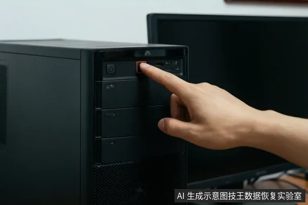 一只手伸出食指按压台式电脑机箱前部的红色按钮,机箱正面可见电源键、光驱位和散热网孔,背景有一台黑色显示器。