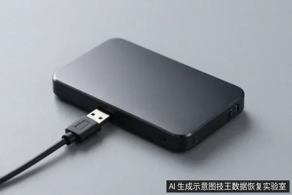 黑色移动硬盘平放在灰色桌面上,侧面USB接口插着一根黑色数据线。