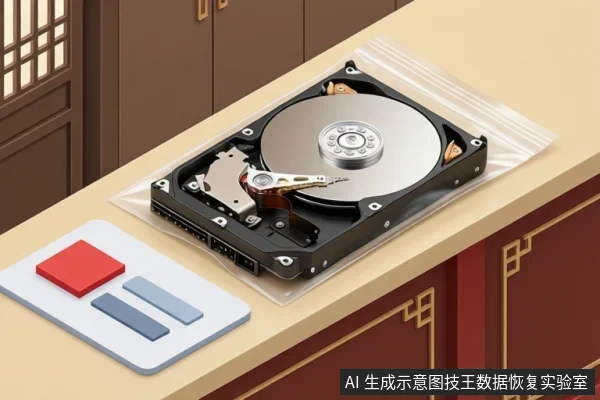 开盖机械硬盘平放在透明防静电袋上,盘片与磁头臂清晰可见,桌面左侧白色托盘内放有红蓝矩形标签块,背景为中式柜体。