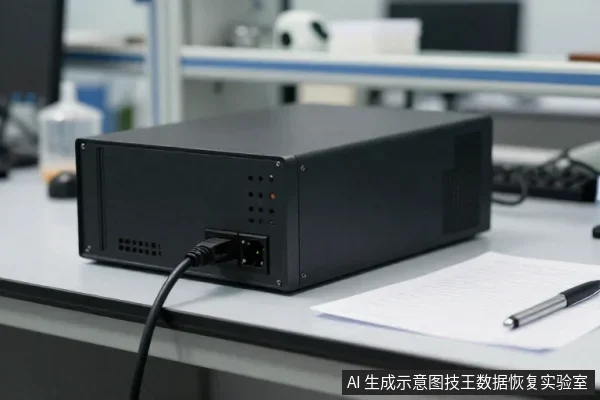 桌面上放置一台黑色方形设备,后部插有黑色电源线,旁边有纸张和笔。