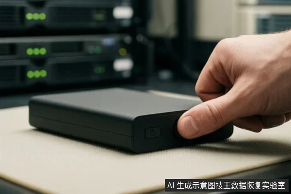 一只手正在按压一个黑色移动硬盘侧面的电源按钮，背景是模糊的服务器机架。