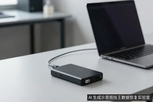 灰色桌面上，一台笔记本电脑与一个黑色移动硬盘通过数据线连接，硬盘侧面接口可见。