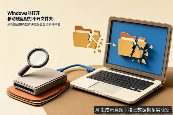 文章内容场景示意图:Windows能打开移动硬盘但打不开文件夹:先判断故障类型再决定是否尝试软件恢复