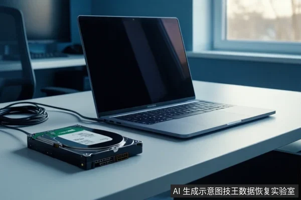 白色办公桌上放着一台打开的银色笔记本电脑，旁边有一块通过黑色线缆连接的机械硬盘，背景是窗户和模糊的办公环境。