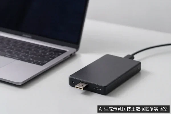 银色笔记本电脑旁放着一块黑色外置硬盘,硬盘通过线缆连接电脑,前端可见USB接口。