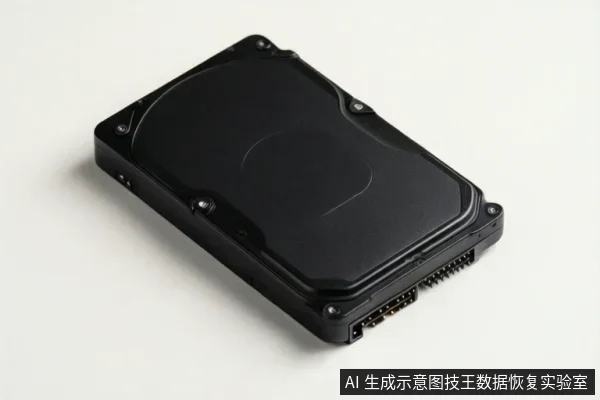 白色背景上斜放一块黑色机械硬盘,可见金属顶盖、四角螺丝及侧面的数据与电源接口。