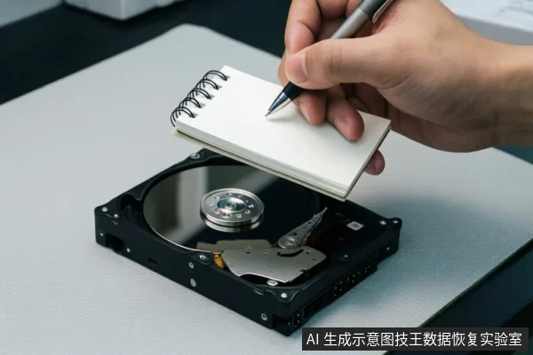 打开的机械硬盘盘片与磁头组件置于桌面,一只手用笔在白色便签上记录,示意先记录设备状态。