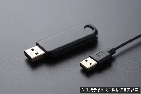 黑色U盘与带线USB插头并排放在深色桌面上，展示USB存储设备外观