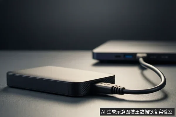 黑色外接存储设备通过USB线连接至笔记本电脑侧边接口,置于深色桌面上。
