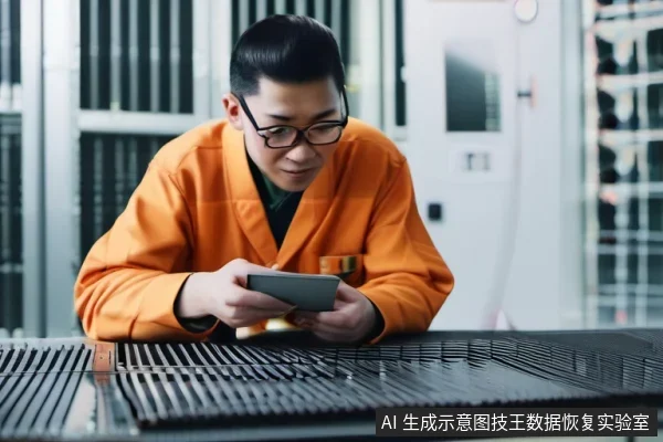 一名穿橙色工作服的亚洲技术人员在服务器机柜前,双手持握一块灰色存储设备仔细查看。
