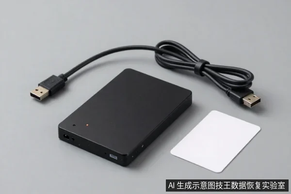 黑色方形外置硬盘平放于桌面,一端连有黑色USB线缆,旁边放着一张白色卡片。