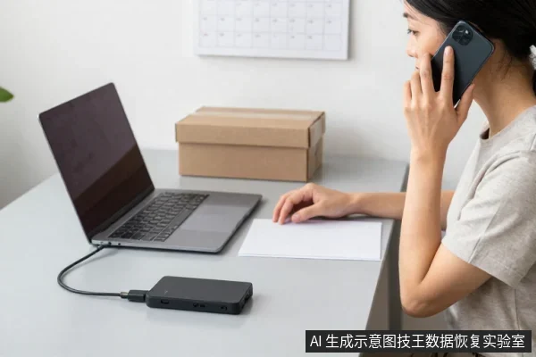 一名亚洲女性坐在桌前,用手机通话,面前放着一台笔记本电脑、一个移动硬盘盒和两个纸箱。