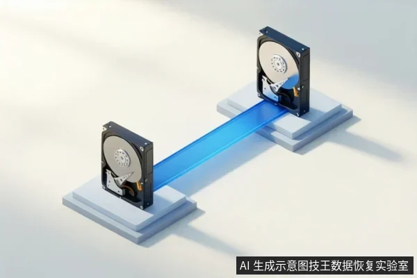 两块打开外壳的机械硬盘分别立在灰色底座上,中间由一条蓝色光带连接,示意数据从一块盘传输到另一块盘。