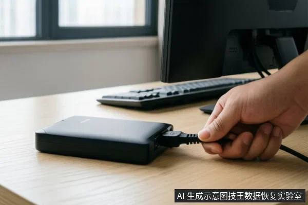 一只手正在将USB数据线插入桌面上的黑色移动硬盘,背景可见键盘和显示器。