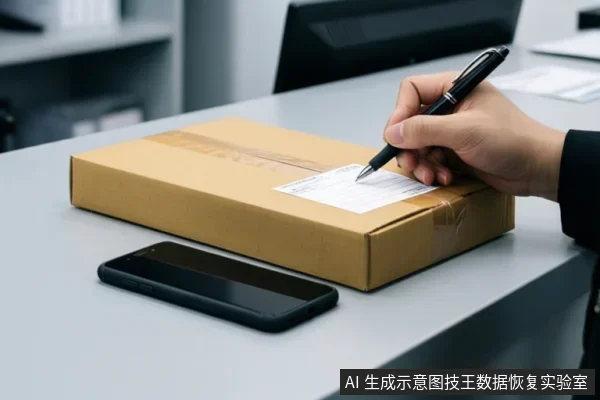 办公桌上放着一个贴有白色标签的棕色纸箱,一只手正握笔在标签上书写,旁边平放一部黑色智能手机。