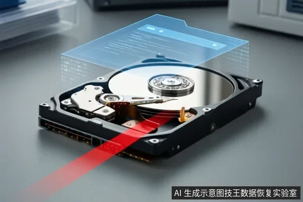 一块打开的机械硬盘放在灰色桌面上,上方悬浮半透明蓝色文件窗口,一条红色光带从硬盘接口延伸出画面。