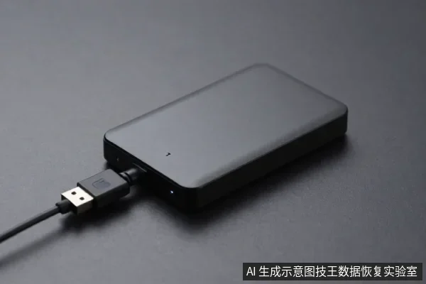 黑色外置硬盘平放在深色桌面，USB数据线插在硬盘侧面接口，线缆向左延伸。