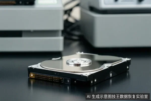 黑色桌面上放置一块打开顶盖的机械硬盘，可见金属盘片、中心主轴和接口金手指，背景为虚化的灰色设备。