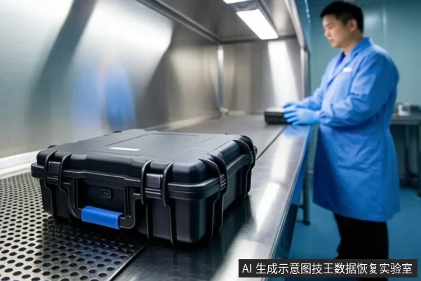洁净室传送带上放置一个黑色防护箱,右侧穿蓝色洁净服戴手套的亚洲成年男性正在操作设备。