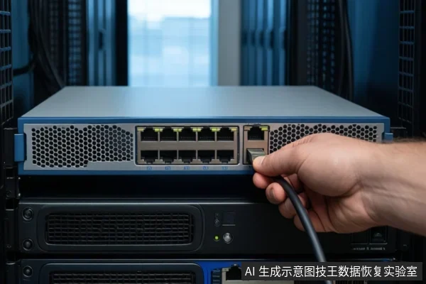机柜中一台带多个网口的网络设备,一只手正将网线插入其中一个端口。