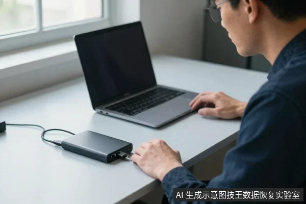 一名戴眼镜的男子坐在桌前,右手正将插头插入黑色多接口存储设备,设备通过数据线连接旁边的笔记本电脑。