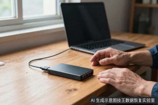木质桌面上,一台笔记本电脑旁放着一个黑色多接口存储设备,通过数据线连接电脑;一名成年人的双手放在桌面上,未触碰设备。