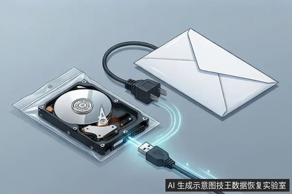 开盖机械硬盘放在透明防静电袋上,盘片与磁头臂可见,旁边有白色信封和一根悬空的USB线,USB插头未插入任何接口。