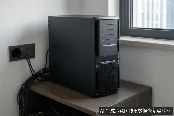 黑色塔式电脑主机放在木柜上,电源线连接墙插,旁边是窗户,示意设备通电场景。