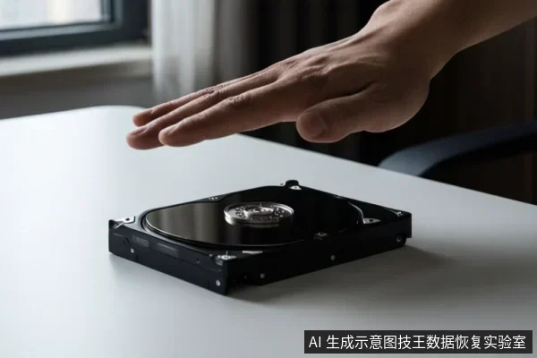 白色桌面上放置一块打开顶盖的机械硬盘,可见盘片与中心主轴,一只成年人的手悬停在硬盘上方,未接触设备。