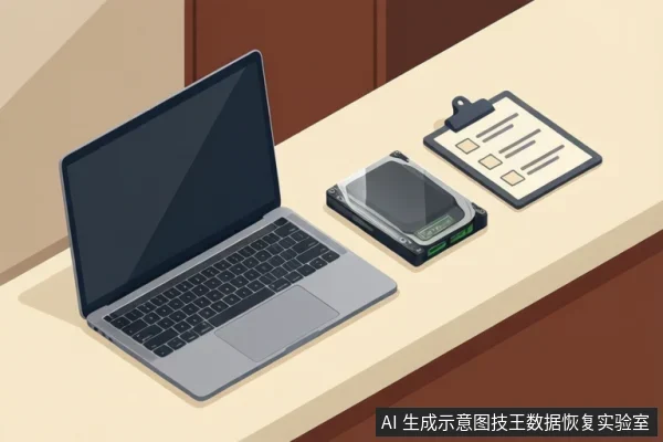 桌面上放着一台打开的银色笔记本电脑,旁边是一块开盖硬盘和一块带示意线条与方框的写字板。