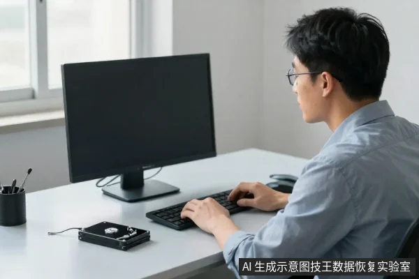 一名戴眼镜的亚洲男性坐在办公桌前,双手操作键盘,面前是黑色显示器,桌面左侧放有笔筒和一块外接硬盘。