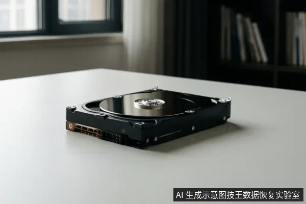 白色桌面上放置一块打开外壳的机械硬盘,可见盘片、主轴和接口,背景为窗户与书架。