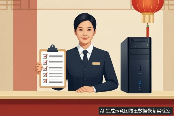 穿深色西装的亚洲成年女性站在柜台后，手持带红色勾选清单的写字板，右侧放一台黑色台式电脑主机，背景有红灯笼与中式装饰。