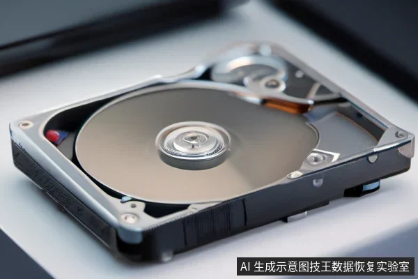 一块已打开顶盖的机械硬盘平放在浅色桌面上,金属盘片、中心主轴、磁头臂与音圈电机清晰可见,无人手操作。