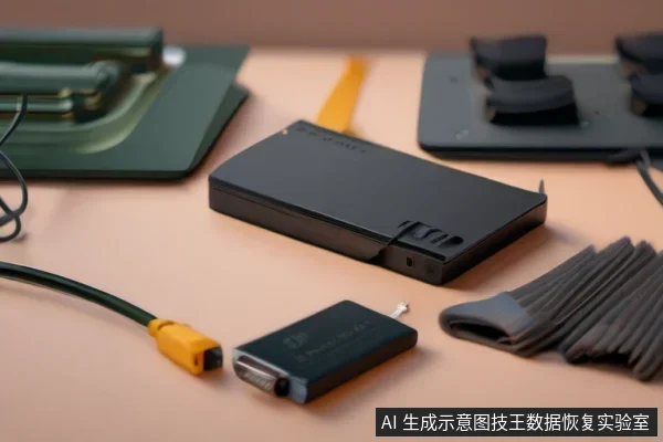 桌面上摆放着一个黑色外置存储设备、一个带金属接口的转接适配器、一根黄色线缆及若干配件，呈现备份或镜像目标盘的示意场景。