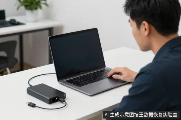 一名亚洲男子坐在白色桌前,面前是一台黑色屏幕的笔记本电脑,手放在键盘上;桌左侧放着一个黑色移动硬盘盒,通过黑色数据线连接电脑,旁边还有一根带插头的线缆。