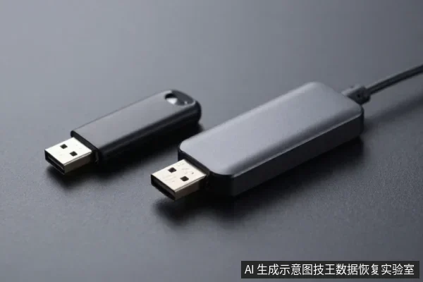 深灰色桌面上并排放着两个黑色USB存储设备，左侧为带挂绳孔的U盘，右侧为带线缆的USB设备，均露出金属USB插头。