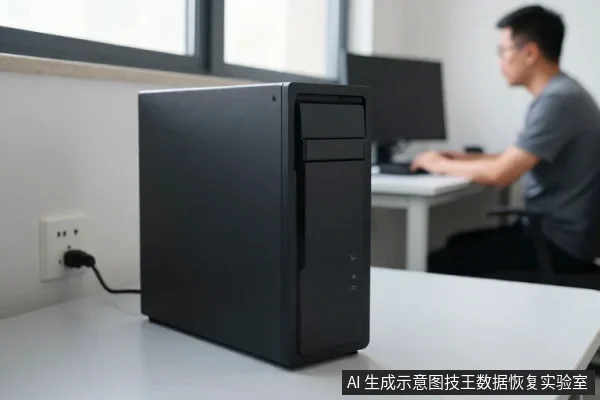 黑色台式电脑主机置于白色桌面,电源线连接墙面插座,背景中一名男子坐在办公桌前使用电脑。