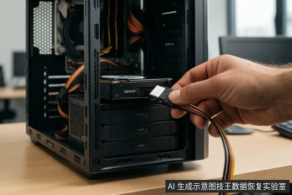 一只手正将SATA数据线和电源线插入机箱内一块硬盘的接口,机箱内可见其他硬盘位和线缆。