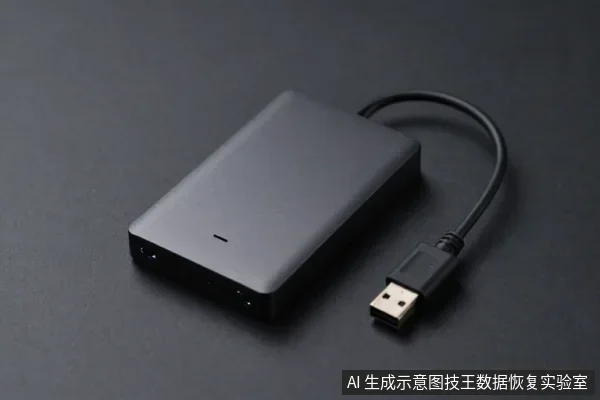 黑色外置硬盘平放在深色桌面，USB线连接硬盘与USB-A插头，硬盘正面有指示灯。